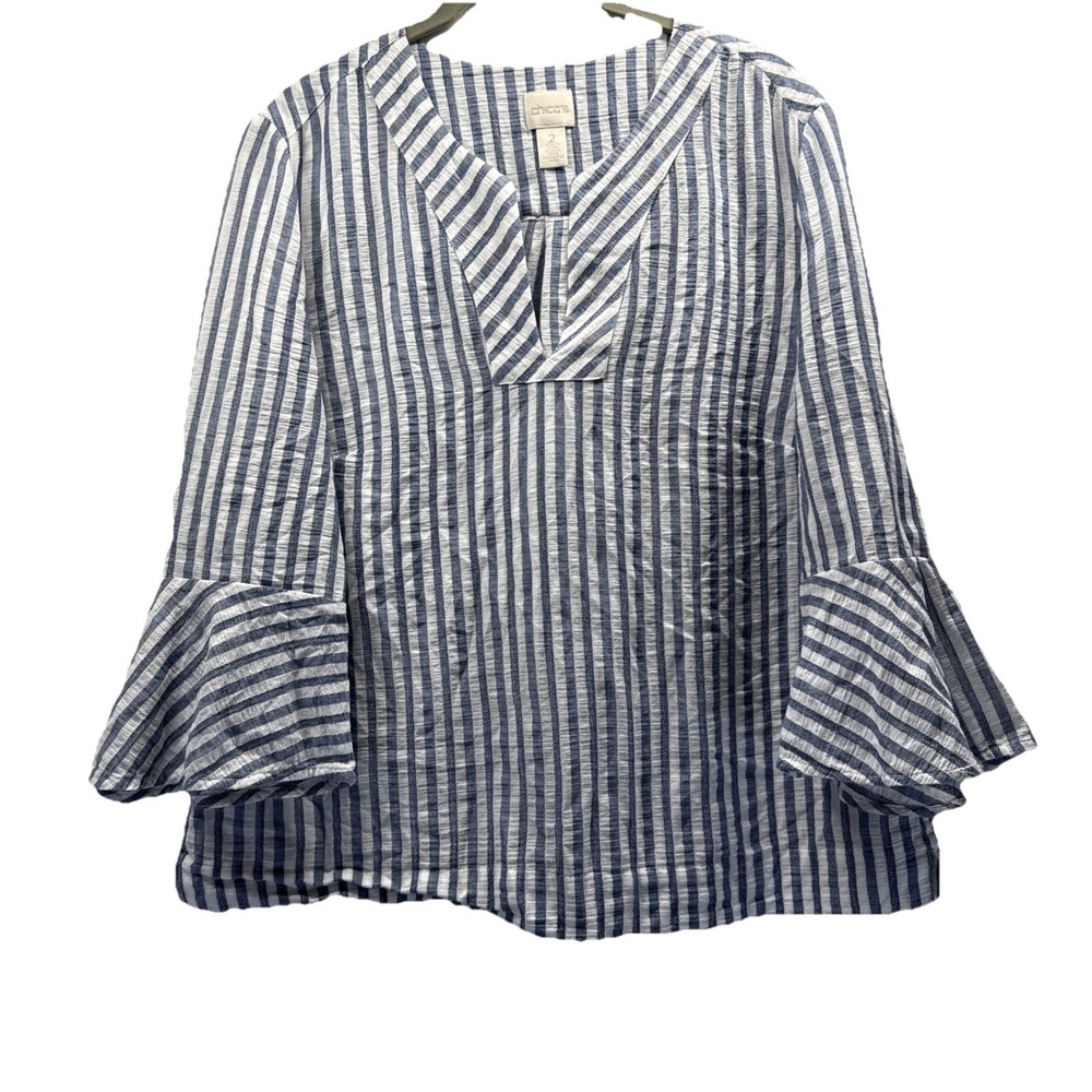 Chicos Women's Top Sz Large Blue White Strip V Neck Ruffle Sleeve Cotton Spandex
